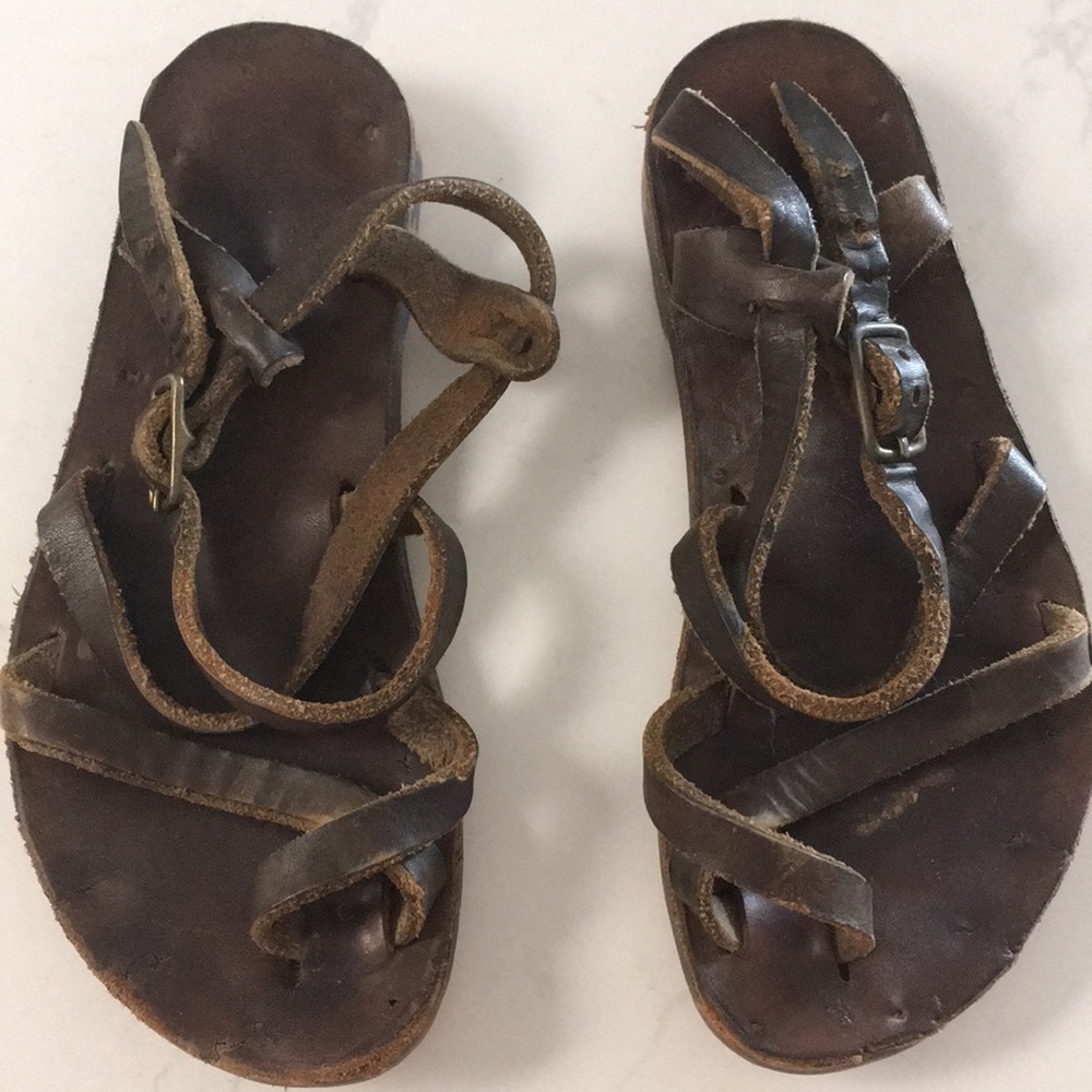 Vintage 60’s Brown Leather Sandals Ankle Strap boho bohemian 5 35 Women’s